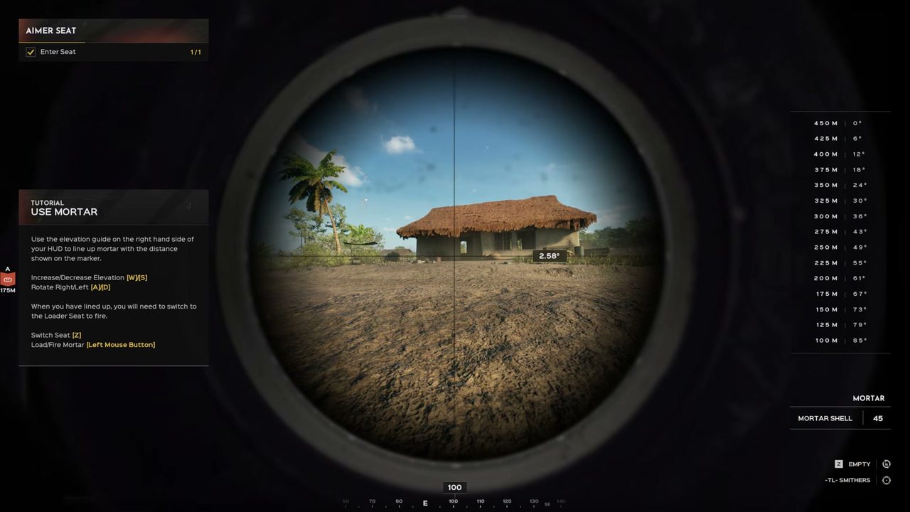 In-game US mortar Aimer Seat HUD showing the elevation guide table from 450 m at 0° down to 100 m at 85°, the source for this site's mortar calibration
